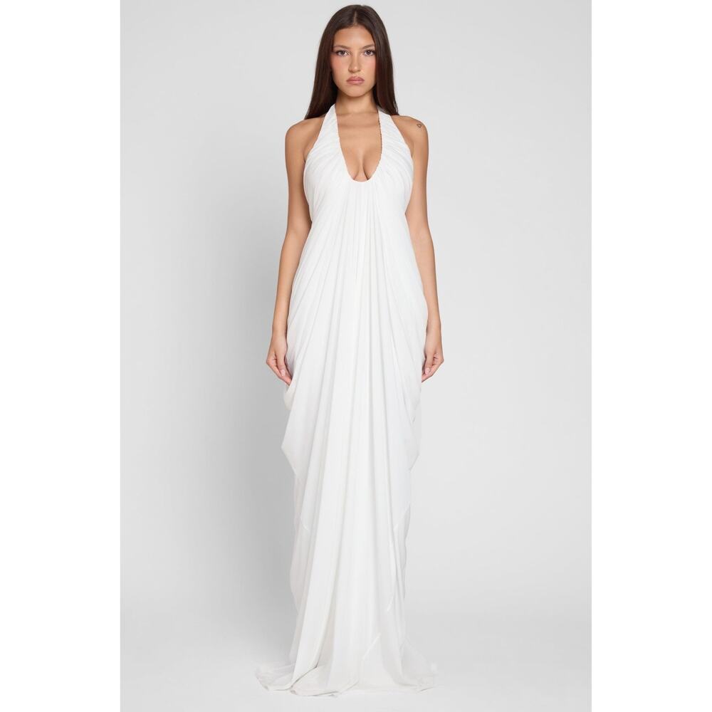 LEAU Cascade Drape Gown White Ruched Halter Maxi Dress Size S